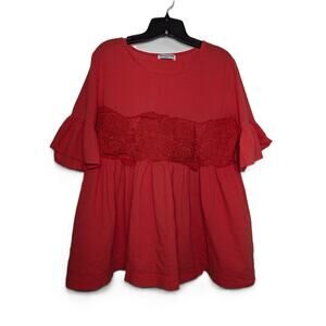 Women's Solution Red Ruffled Baby Doll Blouse With Lace Band Across Chest Sz L